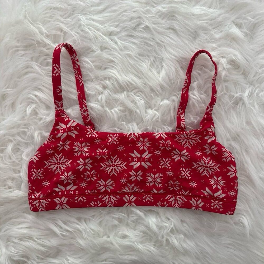 Skims Fits Everybody Scoop Bralette Red Snowflake Fair Isle Size Medium